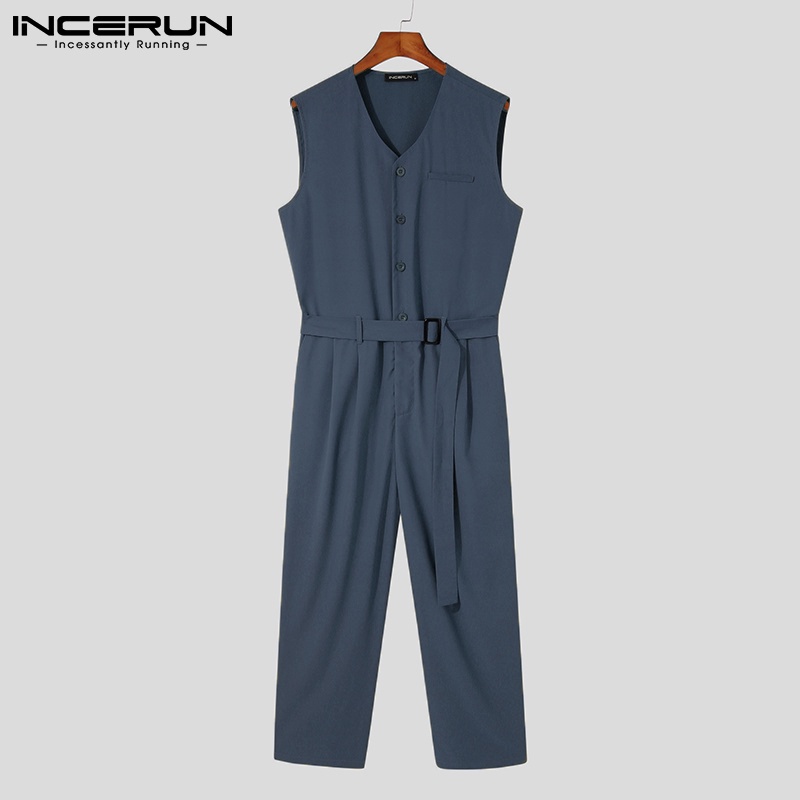 Bộ áo liền quần INCERUN dành cho nam thiết kế cổ chữ V không tay dáng rộng trơn màu phong cách đường phố