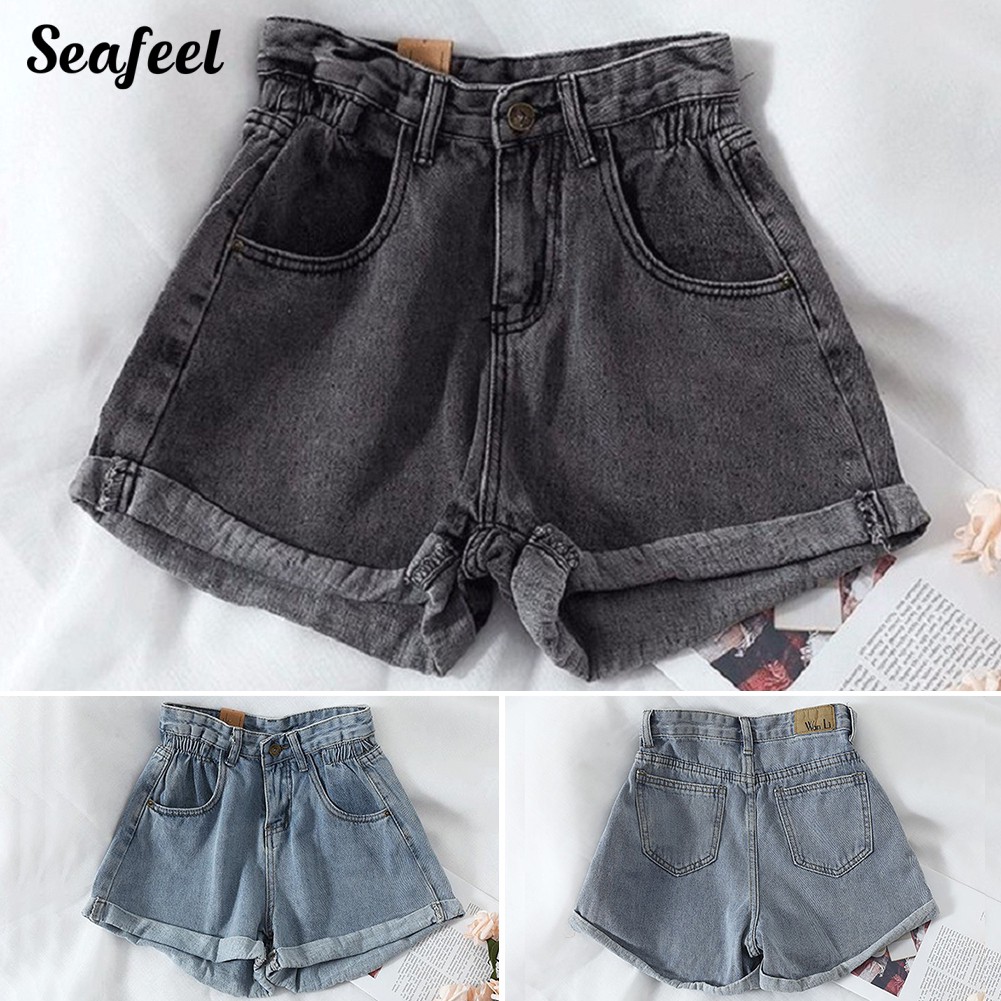 Quần Đùi Jeans Denim Lưng Cao Ống Rộng Hợp Thời Trang Cho Nữ