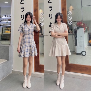 Đầm cổ vest đính nút đuôi cá