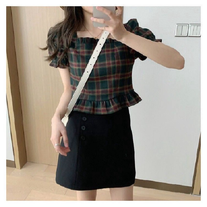 Áo Croptop Ngắn Tay Cổ Vuông Họa Tiết Sọc Caro Phong Cách Retro