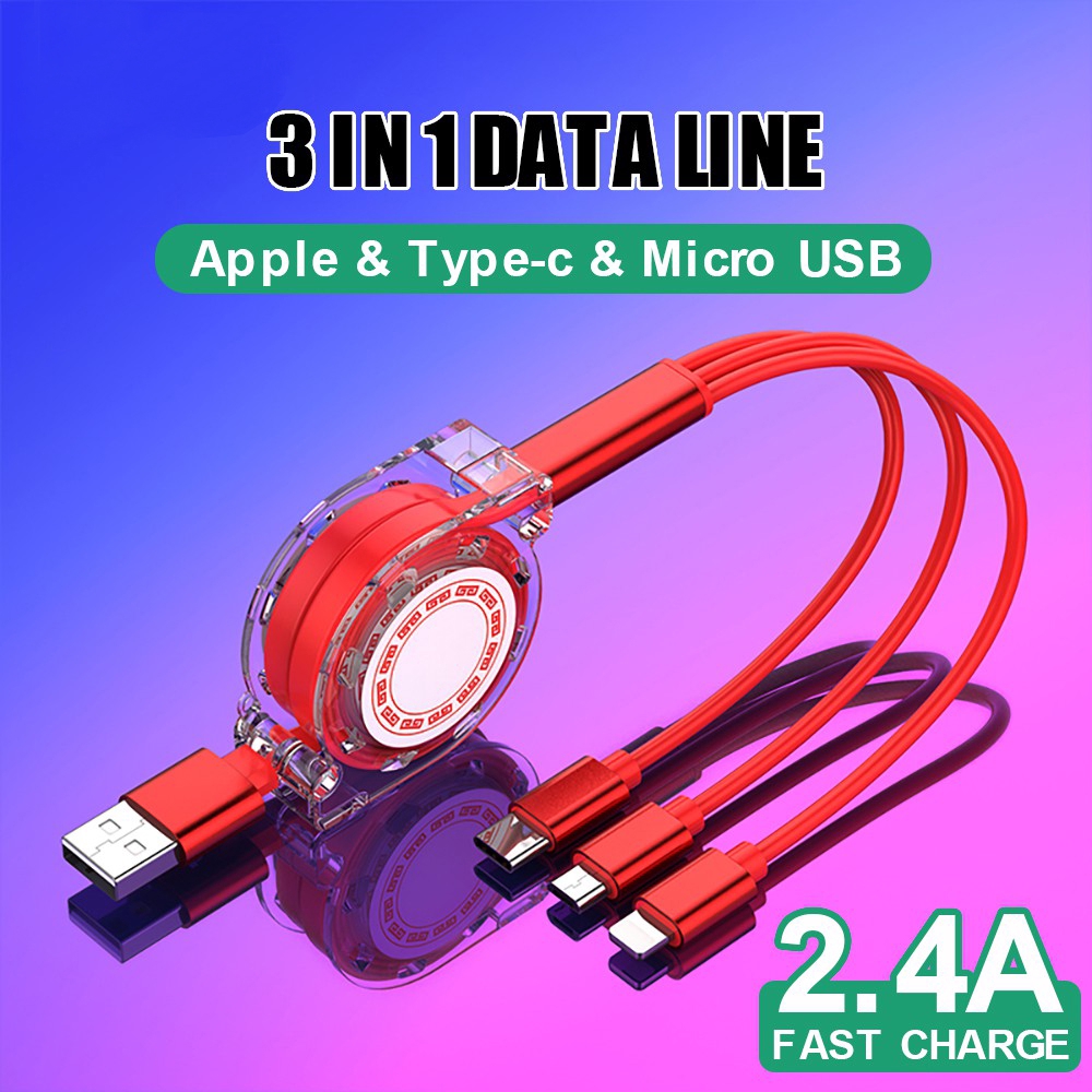 Dây cáp sạc USB Type C Lightning Micro USB mở rộng 2.4A 3 trong 1 hỗ trợ sạc nhanh cho iPhone Android