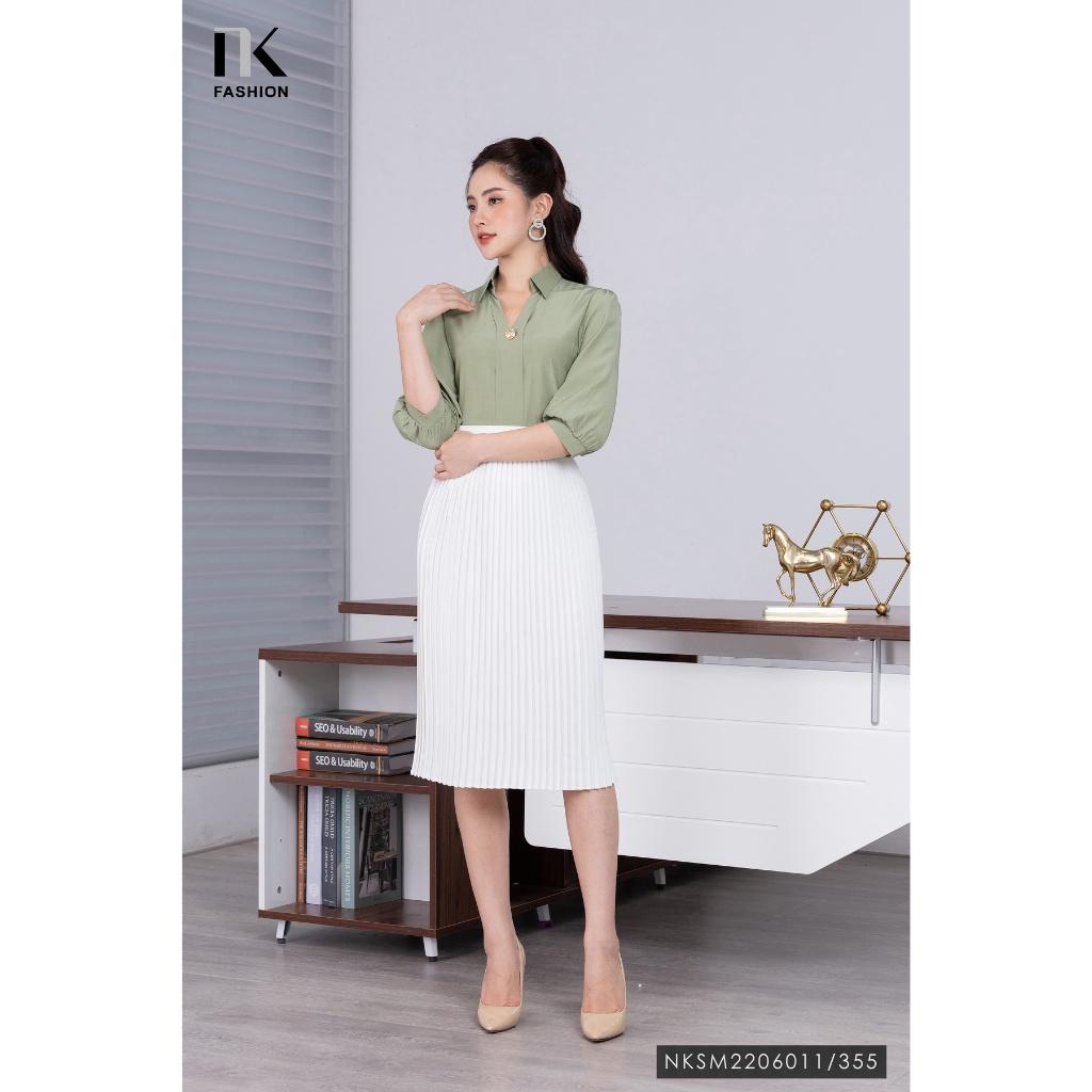 Áo Sơ Mi Tay Lỡ NK FASHION Thiết Kế Cổ V Phối Vạt Dọc Lịch Sự Nhã Nhặn Chất Vải Nhập Hàn Mềm Mịn Cao Cấp NKSM2206011