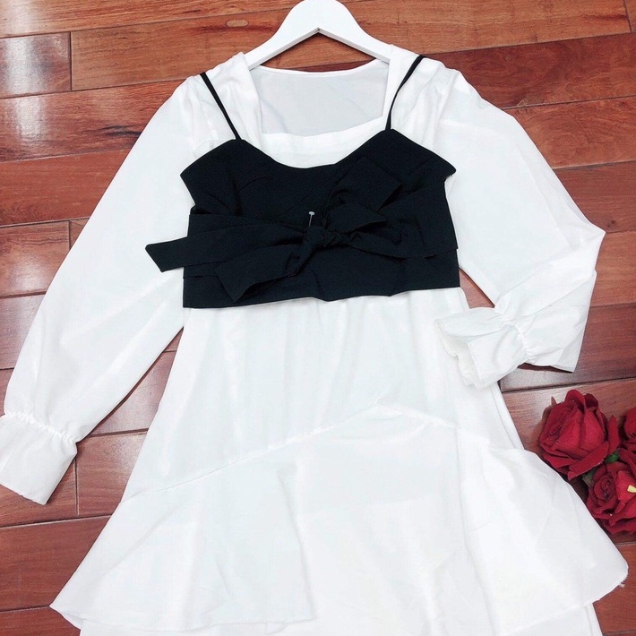 Đầm Nữ Cổ Vuông Kèm Áo Gile Nơ Ngực 🦋 Váy Nữ Chất Đũi Dài Tay Viền Tầng Xẻ Vạt 🦋 | BigBuy360 - bigbuy360.vn