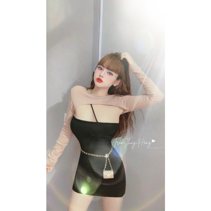 Sét đầm 2 dây trơn body phối áo kiểu tay dài cực xinh , chất thun gân mềm mịn