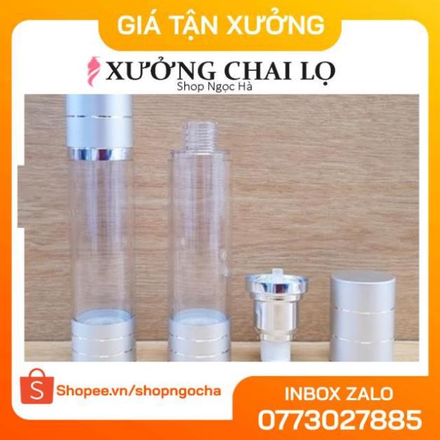 Chai hút chân không trong suốt Nắp Bạc 50ml , chai xịt giọt chiết kem , phụ kiện du lịch