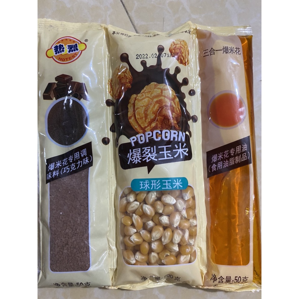 Bắp Rang Bơ 3in1 Set Ngô Nổ Bắp Nổ Tự Làm Bỏng Ngô Đồ Ăn Vặt Vị Caramel Bơ Chocolate tiện lợi dễ làm