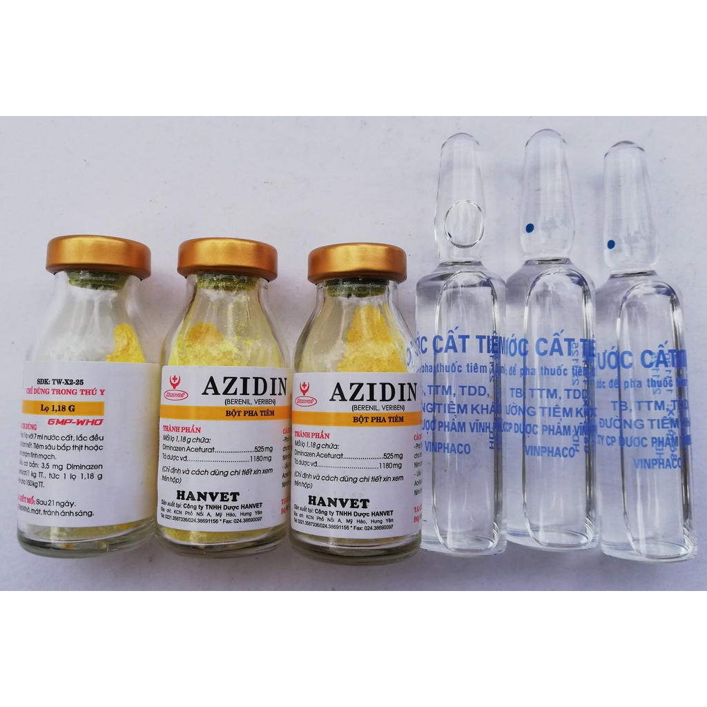 3 lọ Azidin 1,18g và 3 ống nước cất 10ml Chuyên dùng cho trâu, bò, chó, mèo