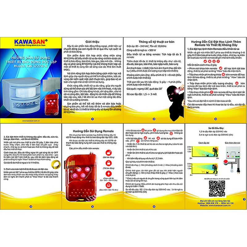 Chuông báo động chống trộm, báo khách độc lập tại chỗ có điều khiển từ xa tắt mở kawasan I227B-R