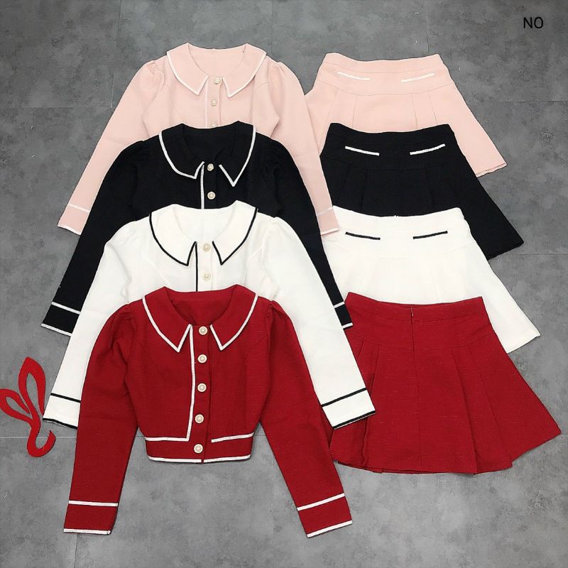 Set bố dạ áo cổ sen tay dài viền + chân váy xếp li