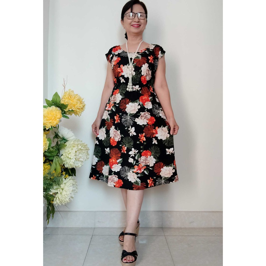 Váy Đầm Trung Niên Thun Eo Hoa Đẹp, Chất vải Thun Aty Chéo Mềm Mỏng, Có Túi, Size từ 48KG - 68KG | BigBuy360 - bigbuy360.vn