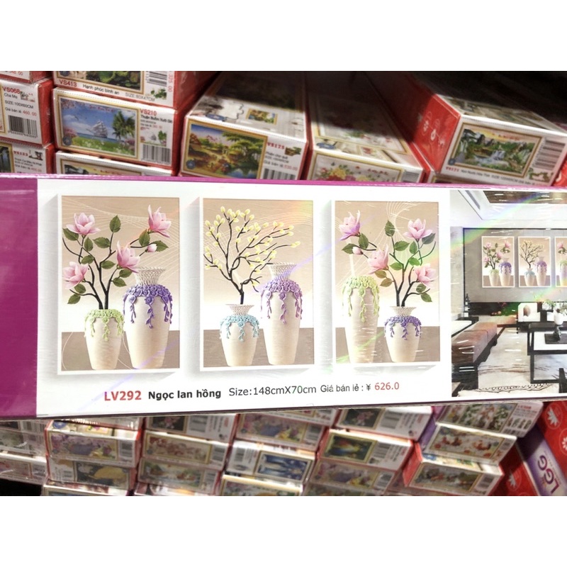 Tranh Đính Đá-Tranh Thêu Bộ 3 Hoa Ngọc Lan,Ngọc Lan Hồng,Lv292,Lv3209