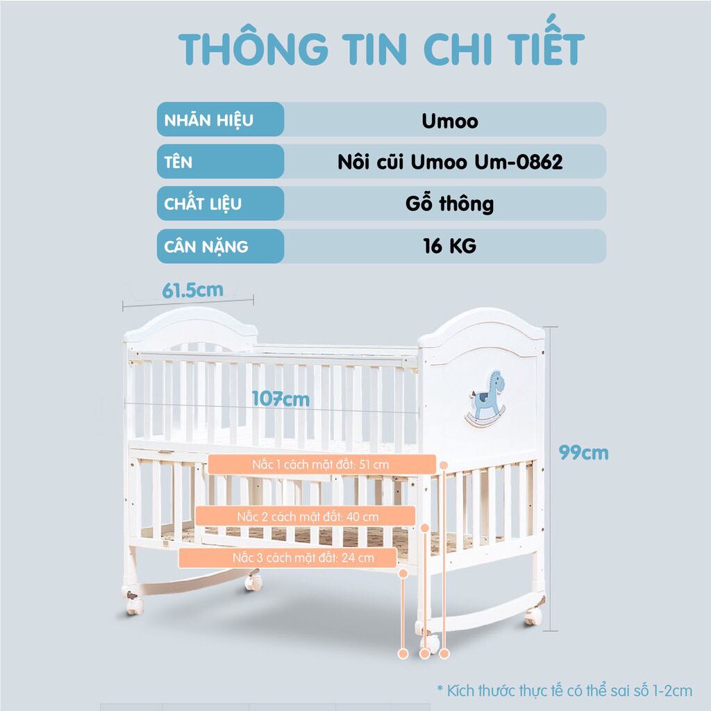 Nôi cũi giường Umoo 2 tầng,cũi gỗ thông 5in1 đa năng cho bé