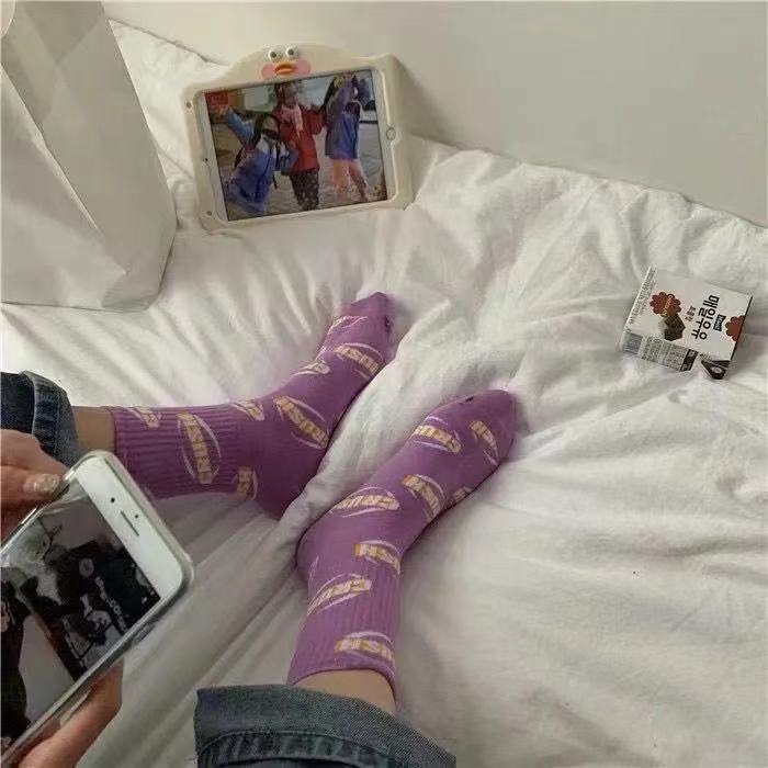 Vớ Thể Thao Cổ Cao Màu Dạ Quang In Chữ Phong Cách Nhật Hàn Thời Trang Xuân Hè