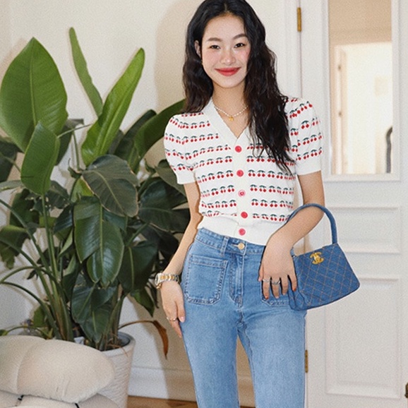 Áo Khoác Cardigan Dệt Kim Cổ Chữ V In Họa Tiết Quả Cherry Phong Cách Thời Trang Mùa Hè Cho Nữ