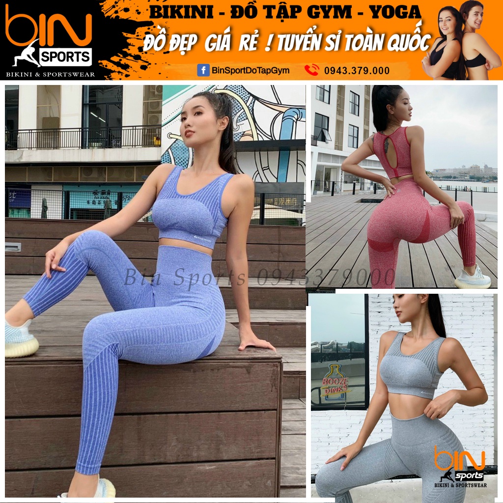 Đồ Tập Gym Yoga Nữ Set Dệt Kim Aó Bra Quần Lưng Cao Cao Cấp Bin Sports BD128