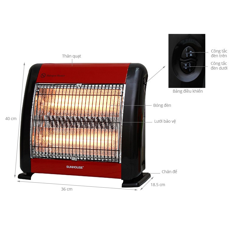 Quạt sưởi hồng ngoại Sunhouse SHD7013 2 bóng 800W [HTDSA]