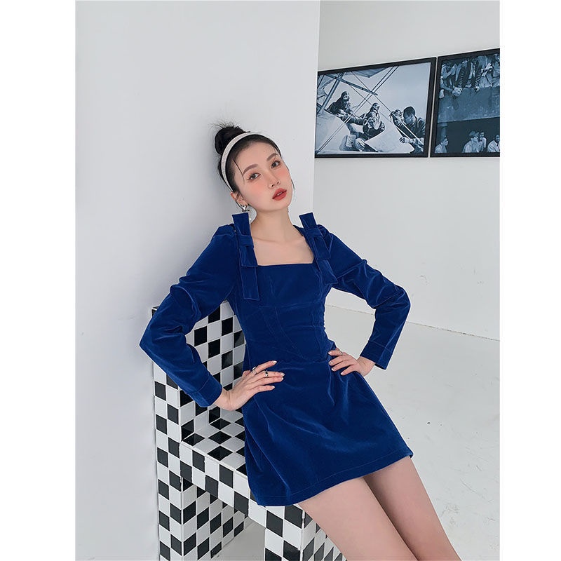 Hàng Có Sẵn!F &amp; X Đầm Nhung Ngắn Dáng Chữ A Cao Cấp Cổ Vuông Màu Xanh Dương Vàng Thời Trang Mùa Thu 2022 Mới Dành Cho Bạn Nữ