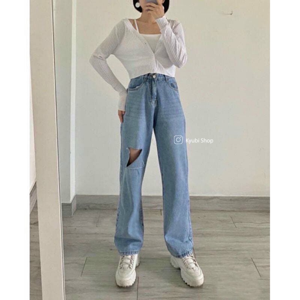 Quần Jean nữ ống suông ulzzang lưng cao rách gối phong cách Retro Hàn Quốc [Có Bigsize] - Quần jean baggy Kyubi BJR201.W