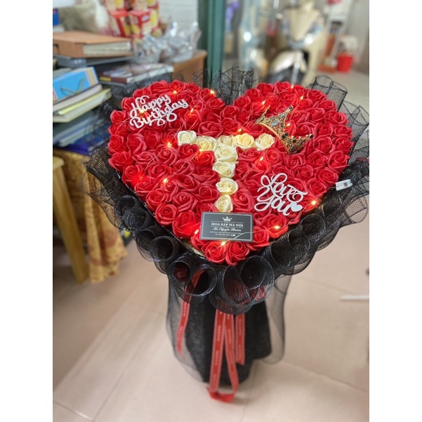 Hoa sinh nhật- quà tặng 20/10: bó hoa hồng sáp thơm 99 bông tặng fuul phụ kiện (nhận đặt chữ và màu hoa theo yêu cầu)