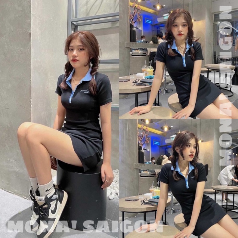 MONÁ Đầm ôm body polo MIX DRESS ĐEN