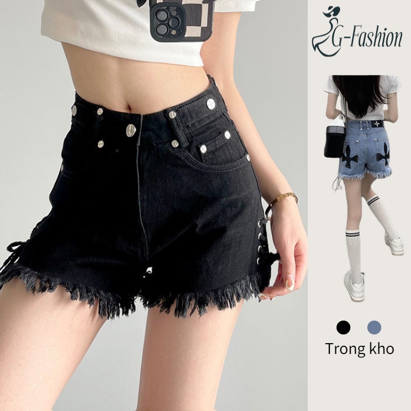 Quần jean đùi nữ đen chữ a tua rua thời trang mùa hè cho nữ