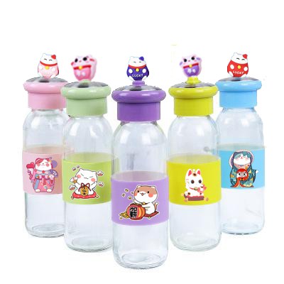 Bình nước mèo may mắn lá cây 400ml BNCI5 thuỷ tinh bình nước maneki neko cute chai nước dễ thương