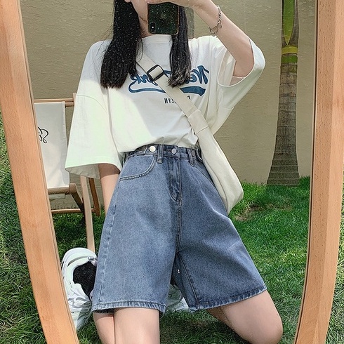 Quần short jean nữ lưng cao - ống rộng, quần lửng ngố đai chỉnh eo