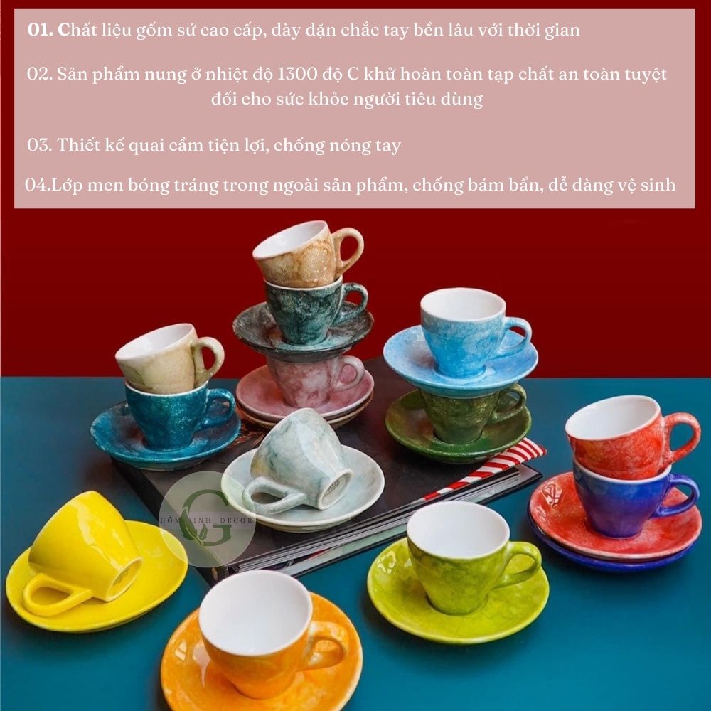 Ly Cà Phê Tách Cafe Espresso 70ml Gốm Sứ Bát Tràng Cao Cấp nhiều màu