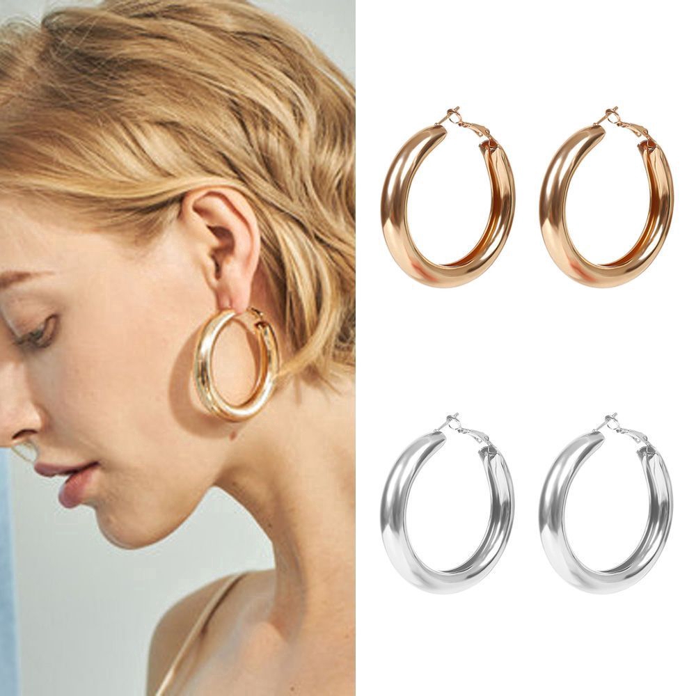 Punk Rock Minimalist Thick Tube Big Gold Alloy Round Circle Hoop Earrings Women Jewelry Accessory