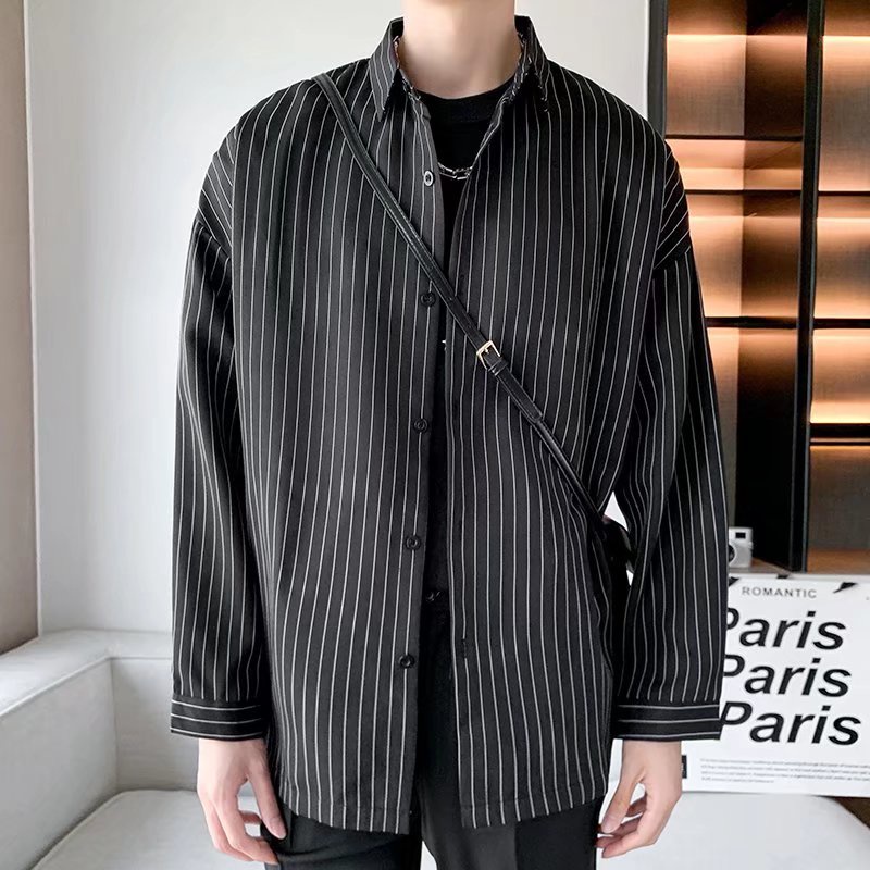 Long Sleeve Shirt Loose Black Plaid Pattern Korean Style Luxury Summer Fashion For Men