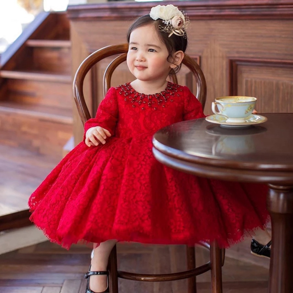 đầm công chúa bé gái màu đỏ , váy công chúa trẻ em màu đỏ ren