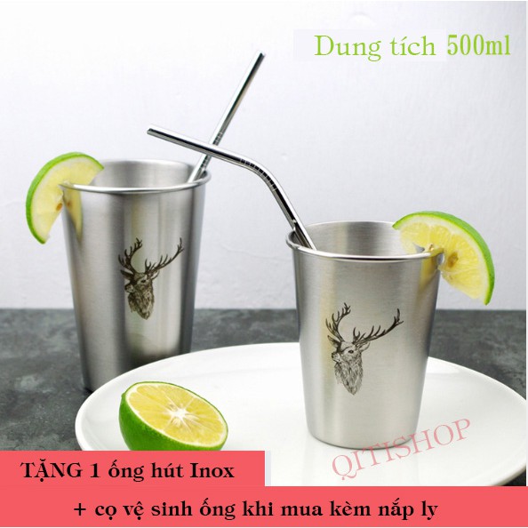 Ly Inox 304 In Hình, Ly Nước Có Nắp (Tặng 1 Ống Hút Inox + Cọ Vệ Sinh Ống) - QA