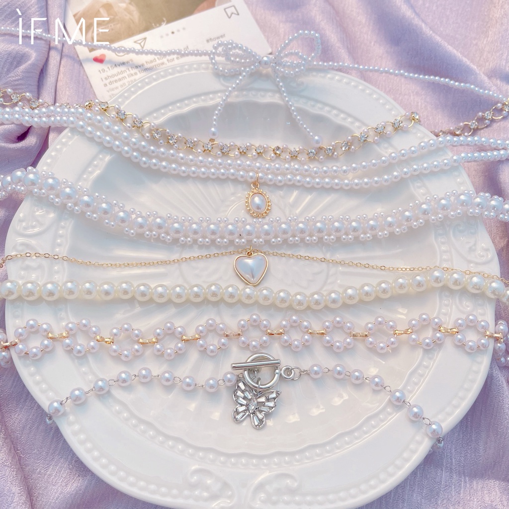 IF ME Vòng Cổ Hợp Kim Hình Bướm Đính Ngọc Trai Xinh Xắn Dành Cho Nữ