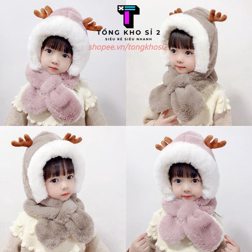 PVN34438 Mũ trẻ em mùa đông lót lông sừng hươu cute kèm khăn siêu ấm tai gấu thỏ cho bé T2