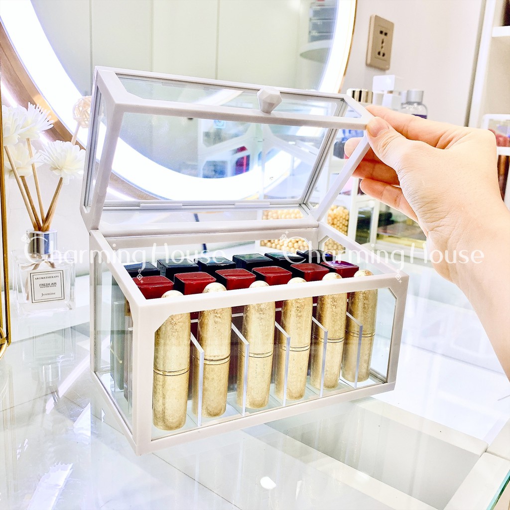 Khay son có nắp cao cấp bằng thủy tinh viền nhựa nhiều với 3 màu trắng đen và hồng có thể tháo lỗi bên trong
