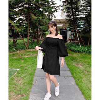 {SP mới - sẵn} -  (new) Váy Trắng Đen Trễ Vai Tay Bồng Cúc Dọc Chun eo - Đầm Xòe Bẹt Vai Bèo Phối Tay Chun Trễ Vai Cổ Vu