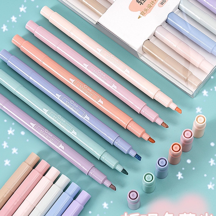 Bút highlight pastel 2 đầu morandi mẫu 2, bút đánh dấu nhớ dòng dạ quang cute nhiều màu dễ thương set 6 bút -N68 store