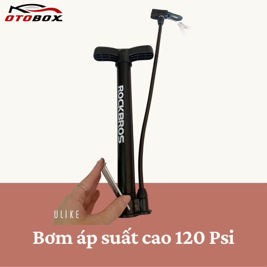 Bơm xe đạp mini cầm tay chính hãng OTOBOX, áp suất 120 PSI, đế chống trơn trượt, tặng kèm đầu bơm bóng Rockbros