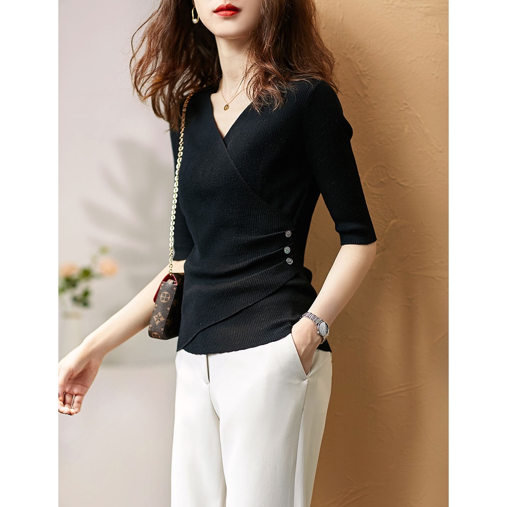 Áo Dệt Kim Tay Lở Cổ Chữ V Màu Sắc Đơn Giản Thanh Lịch