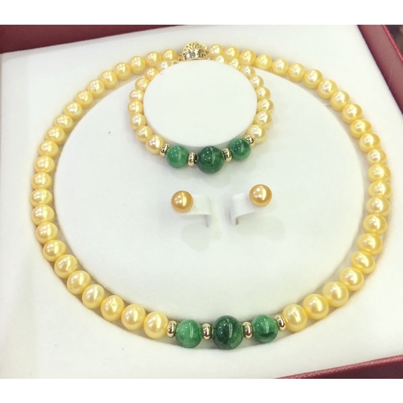 Bộ Trang Sức Hạt Ngọc Trai Vàng 9ly Mix Đá Xanh Sang Trọng Dự Tiệc, Quà Tặng - Ngọc Trai Trường Thịnh