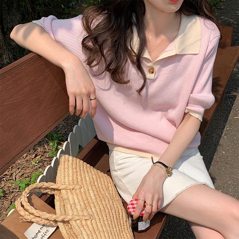 Áo Thun Dệt Kim Tay Ngắn Cổ Bẻ Màu Sắc Tương Phản Phong Cách Retro 49855