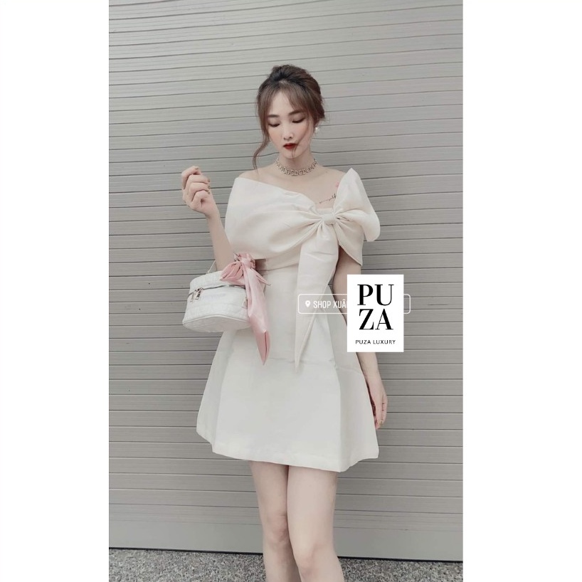 Váy thiết kế xòe,váy nơ ngực hở vai cực xinh đáng yêu,tôn dáng