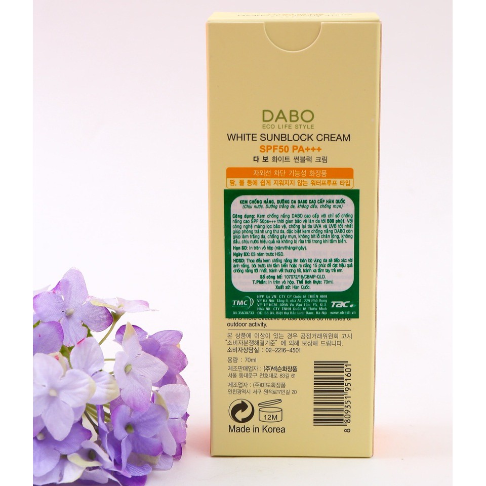 Kem Chống Nắng Hàn Quốc Dabo White Sunblock Cream SPF50 Chính Hãng