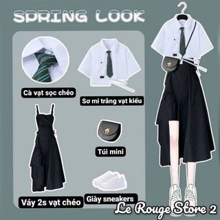 (ORDER) Set áo croptop vạt kiểu kèm cà vạt kẻ sọc màu trắng + váy yếm hai dây đen nữ chiến binh vạt chéo (ảnh thật)