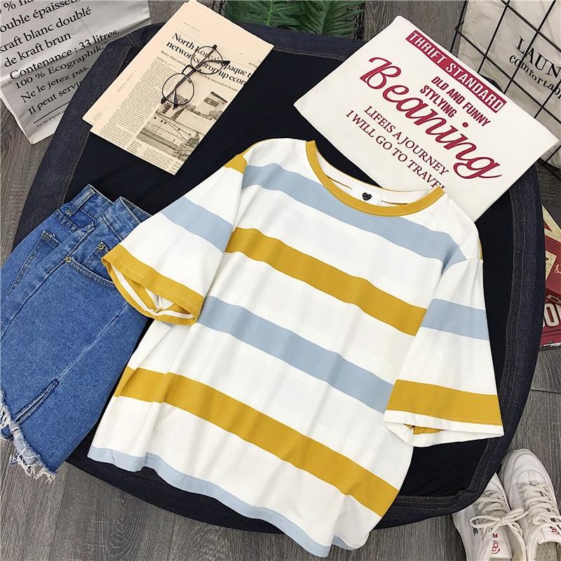 NUZIRO  Áo thun tay ngắn cổ tròn dáng rộng họa tiết kẻ sọc kiểu dáng Hàn Quốc dễ thương cho nữ