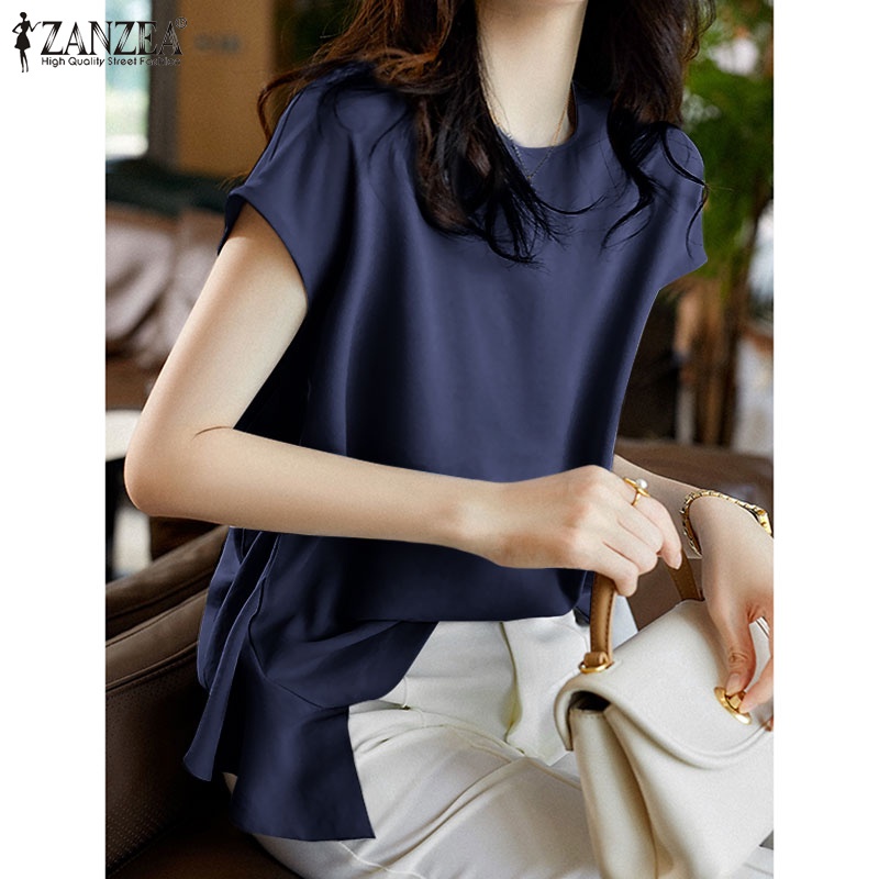 ZANZEA Áo Kiểu Tay Ngắn Cổ Tròn Cài Nút Sau Lưng Thời Trang Cho Nữ