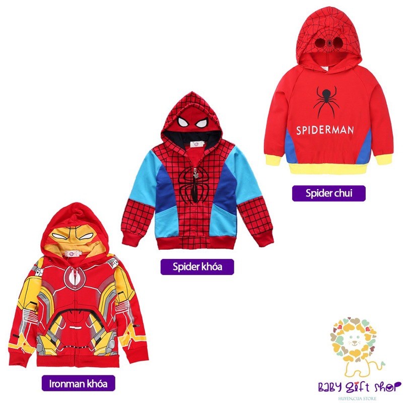 Áo khoác siêu nhân bé trai áo người nhện hoodie có mũ khóa kéo và chui đầu mẫu mới 2021