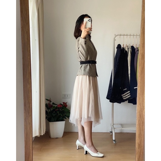 Áo dạ Hàn kẻ ghi nâu vintage