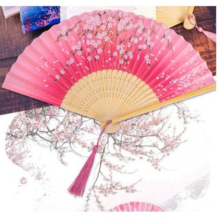 Quạt cổ trang dây tuyến xếp cầm tay quà tặng xinh xắn phong cách Trung Quốc (Vải lụa) Tán rộng 38cm