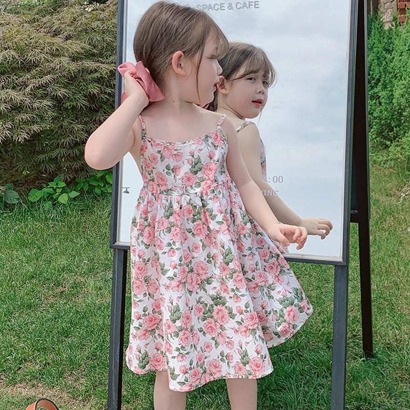 Đầm Công Chúa Hai Dây Hở Lưng In Hoa Phong Cách Hàn Quốc Cho Bé Gái
